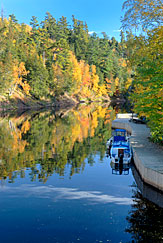 Fishing boat at dock in a fishing lake in Michigan's Upper Peninsula.